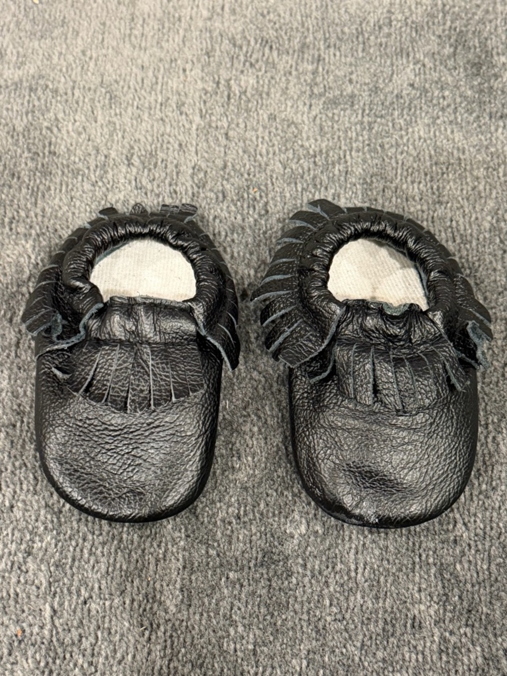 Black Leather Baby Moccasins with Fringe